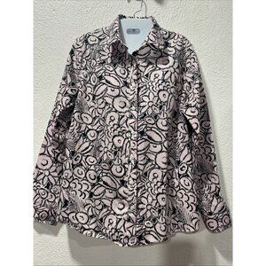 Lands End Women's Supima Cotton Shirt Black Pink Floral Size 12 Button No Iron